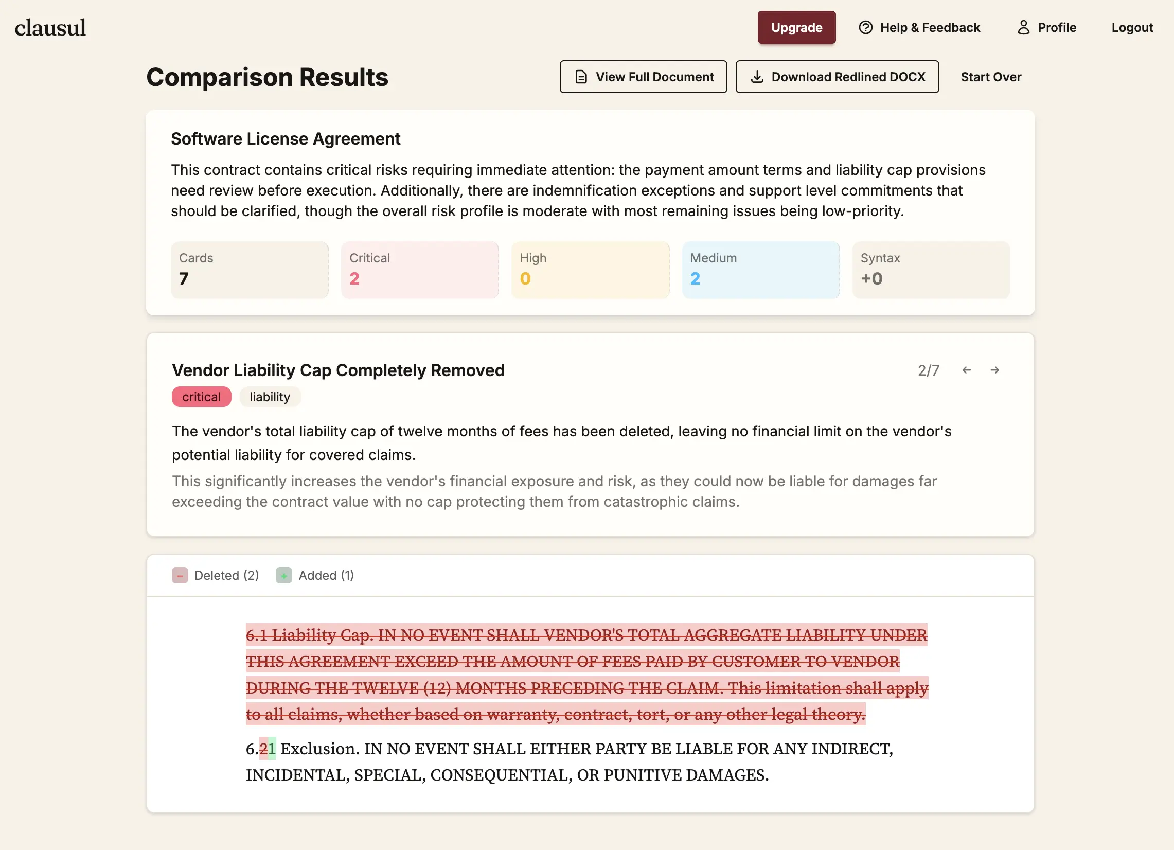 Document comparison UI highlighting substantive legal changes